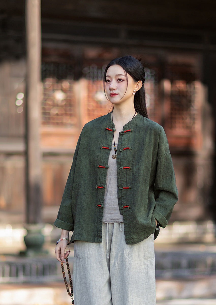 2026 Spring New Arrival: Chinese-Style Retro Double-Breasted Color-Blocked Button-Down Shirt, Women's Modernized Stand-Up Collar Ombre-Dye Tang-Style Cardigan