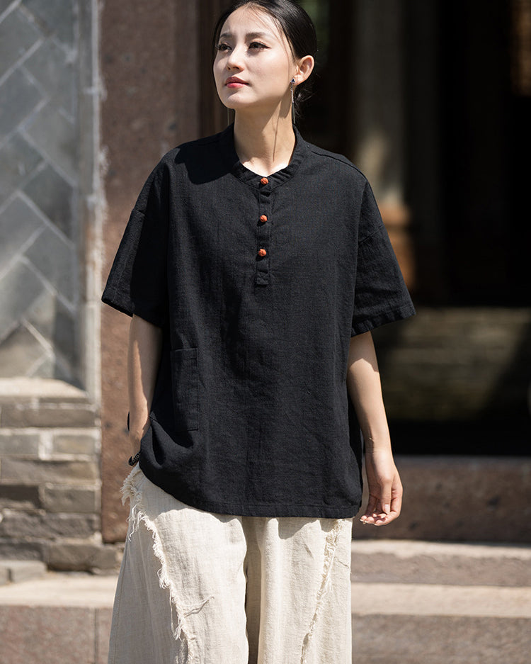 Summer Cotton Chinese t-shirt,cotton linen Washed Plate Button Women's Short Sleeve T-Shirt 20240714