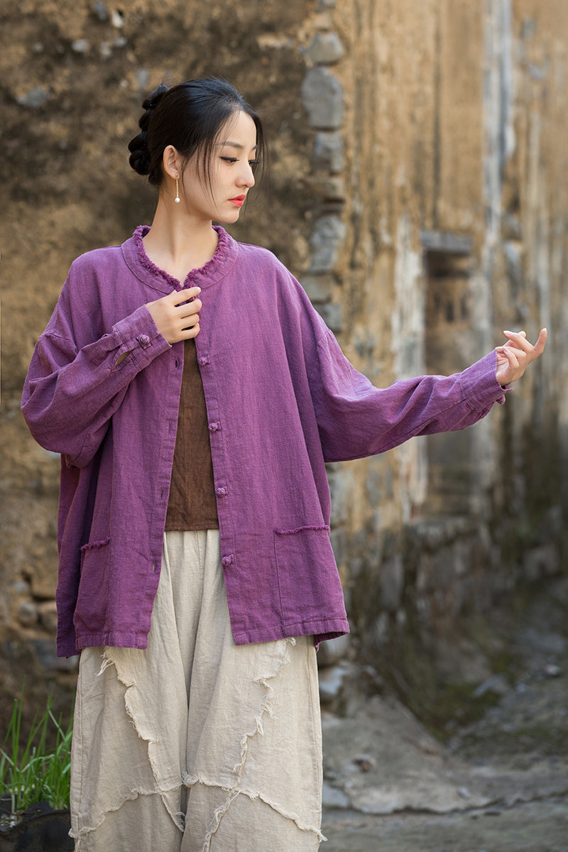 Vintage summer Chinese long sleeve shirt, cotton and linen washed and brushed frog button shirt 20250604