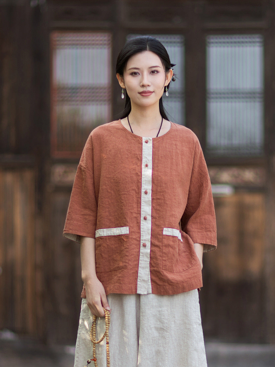 New New Chinese-Style Design: Comfortable, Lightweight Linen Top with Color-Blocked Patchwork and Button-Front Cardigan 20260511