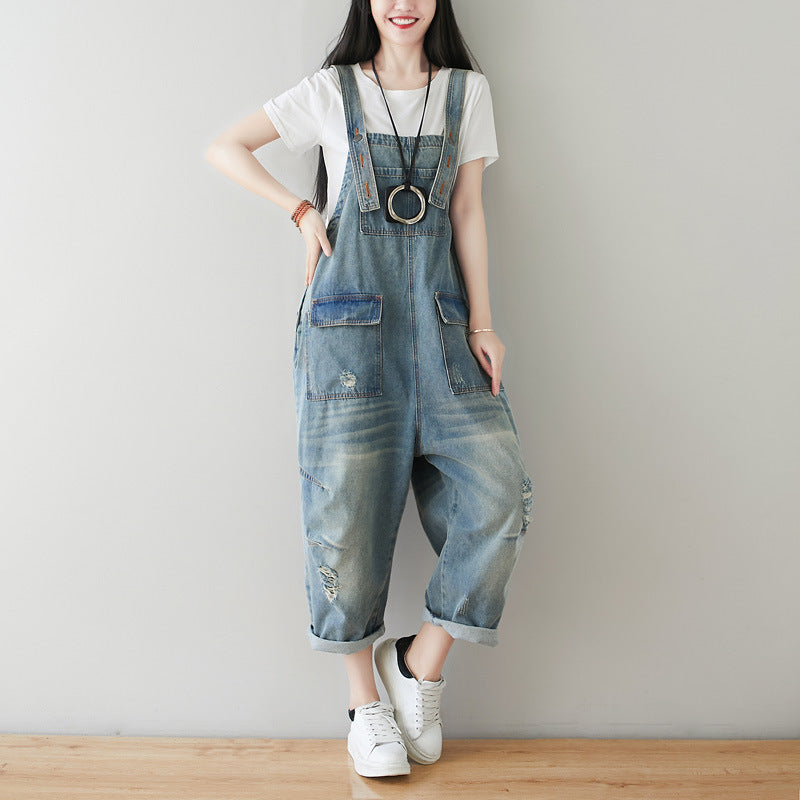 Cotton overalls, women's denim overalls, stonewashed loose overalls