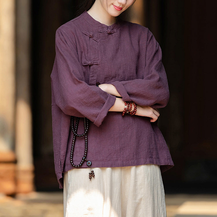 Women's Vintage Chinese Frog Button Long Sleeve Cotton Linen Shirt with Embroidery V-Neck Loose Blouse Shirt 20240920