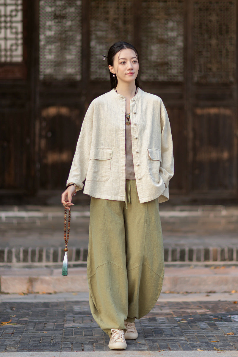 2026 Spring New Arrival: Boho-Retro Stand-Collar Distressed Double-Breasted Button-Down Cotton-Linen Blouse for Women