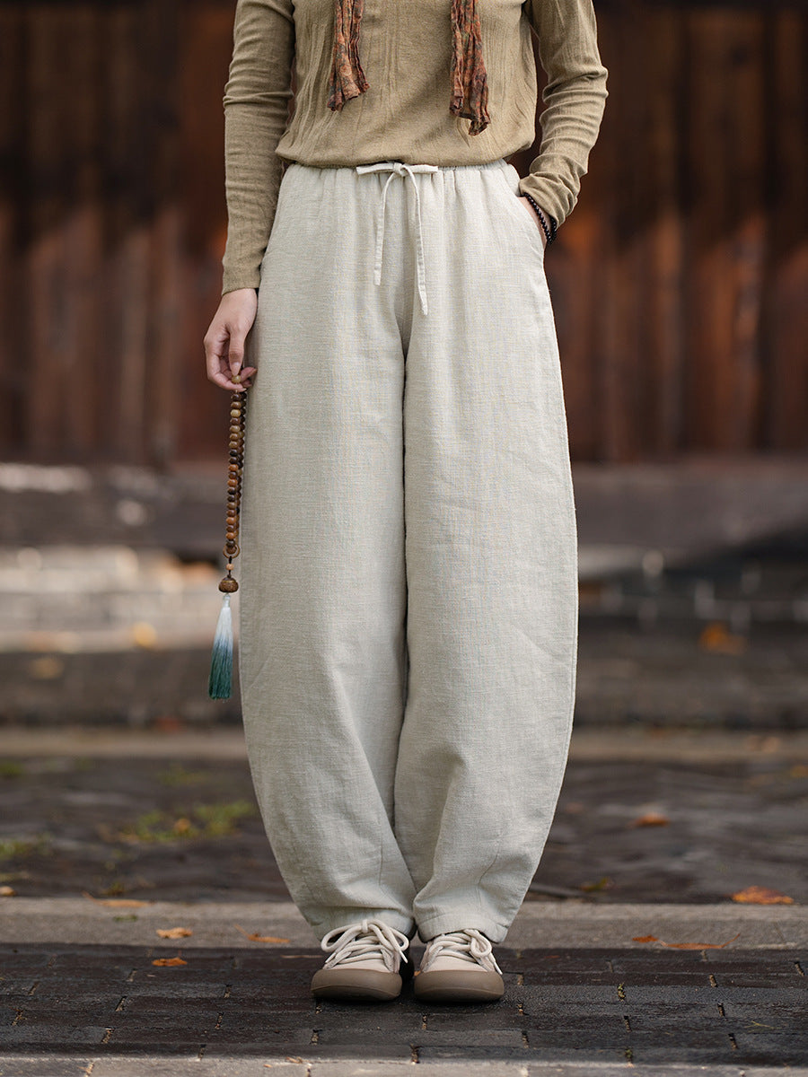 2026 Winter New Original Cotton-Linen Women's Retro, Versatile, Slimming, Elastic-Waist, Loose-Fitting, Casual, Patchwork Straight-Leg Pants