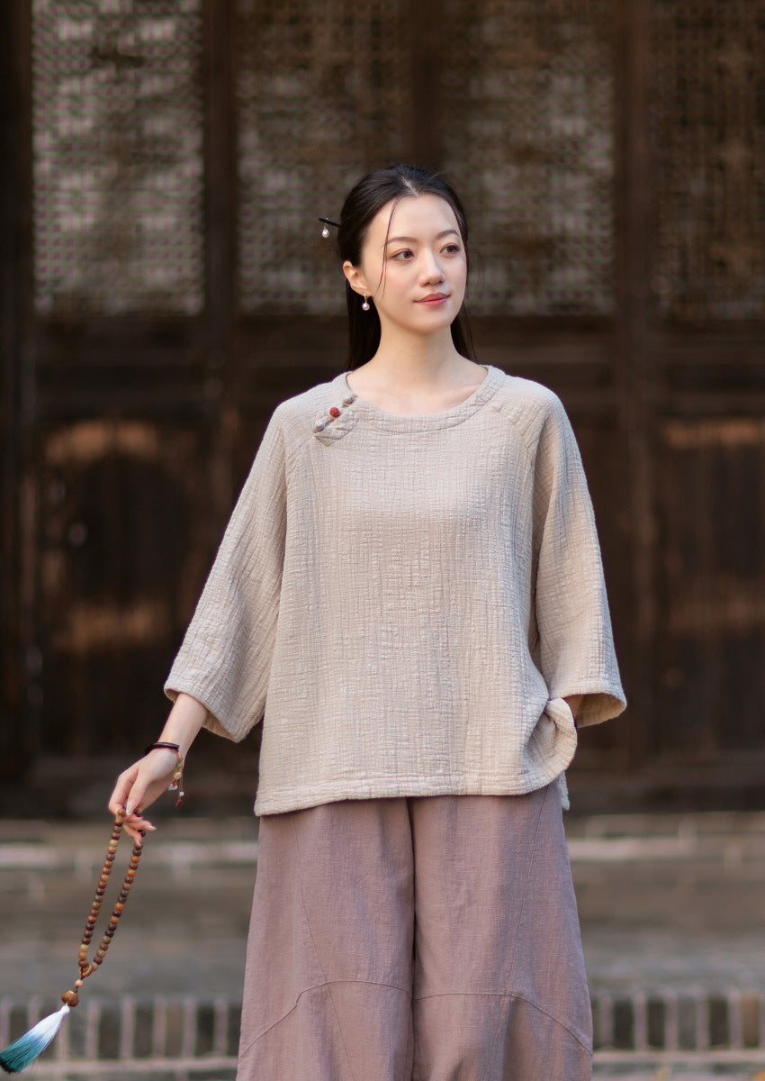 2026 Spring New Arrival: Retro-Chic Cotton-Linen Women's Round-Neck Color-Blocked Button-Down Blouse, Pullover T-Shirt