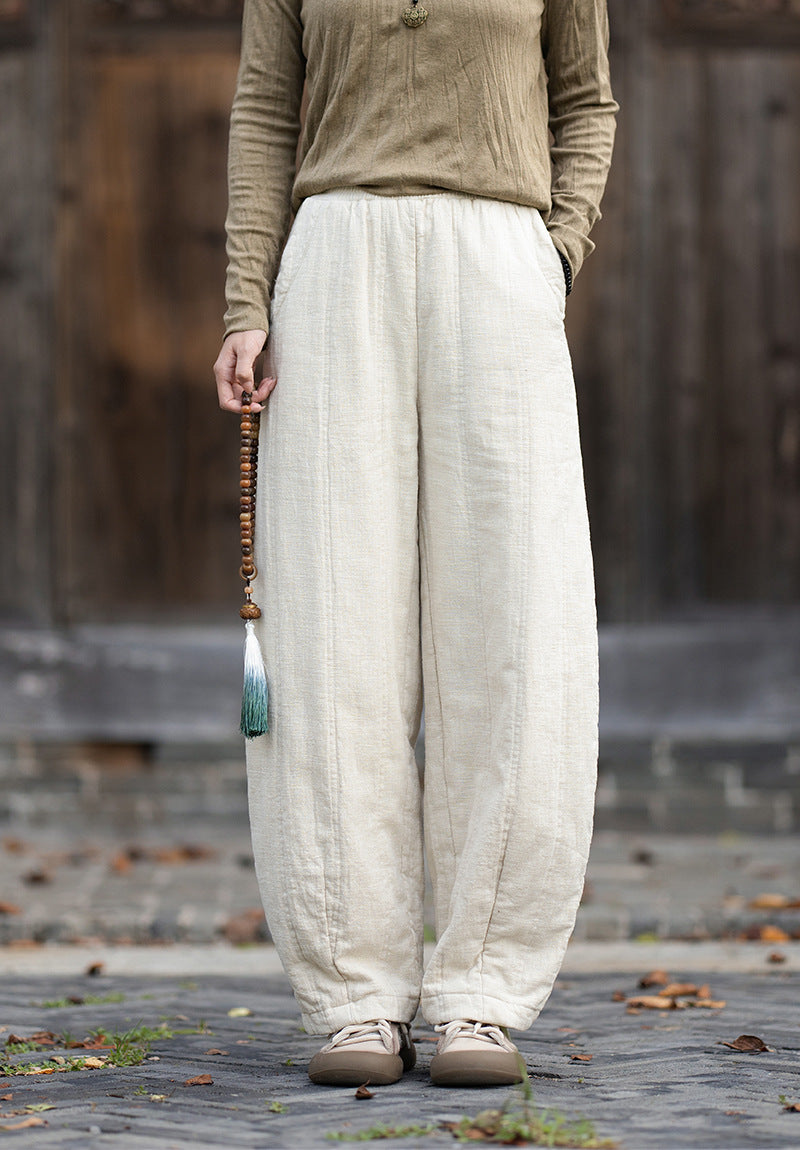2026 Winter New Original Cotton-Linen Women's Retro, Versatile, Slimming, Elastic-Waist, Loose-Fitting, Casual, Patchwork Straight-Leg Pants
