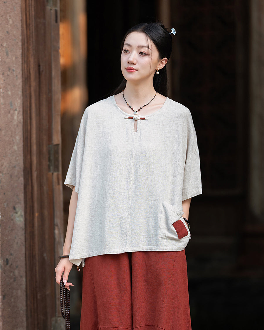 Frog button V-neck patchwork cotton  linen T-shirt, summer Chinese retro women sandwashed loose cotton  linen T-shirt 20240728