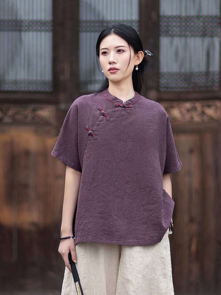 Women's Cotton-Linen Retro Zen-Inspired Stand-Collar Shirt with Stitched Buttonholes and Asymmetrical Hem 20260511