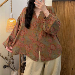 Women's Spring Artistic Floral V-Neck Cotton Shirt, Boho-Style Soft Cotton Yarn Digital Print V-Neck Shirt with Oversized Bell Sleeves