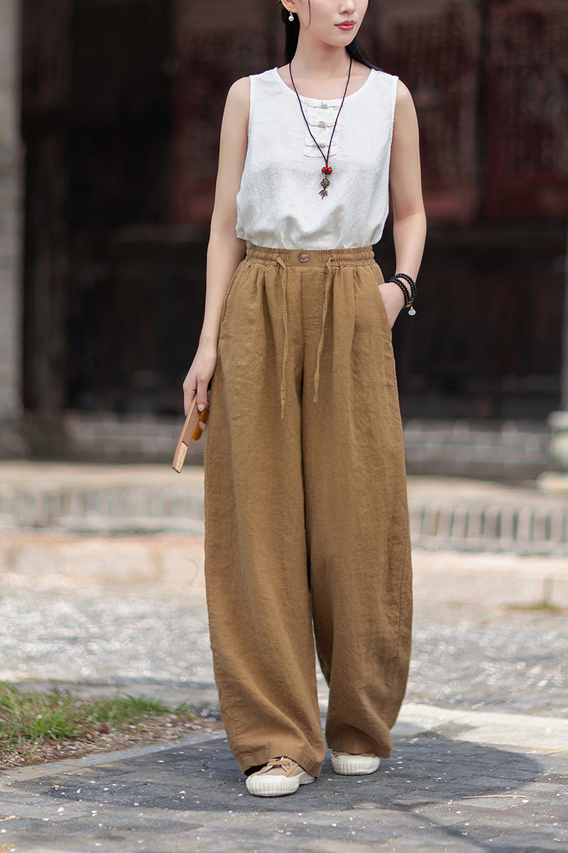 New Summer Collection: Women's Cotton-Linen Artistic and Versatile Casual Linen Pants with Drawstring Elastic Waist, Flowing Silhouette, and Slimming Straight Legs 20260511