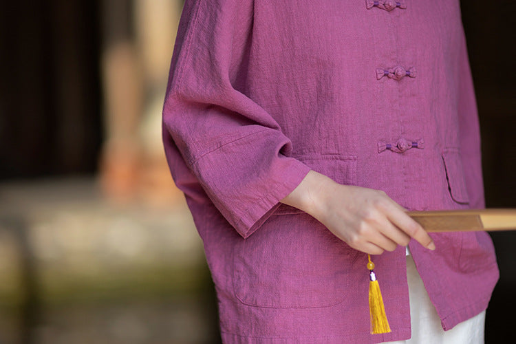 New Chinese-Style Loose-Fit Women's Shirt: Ramie Distressed Mandarin-Collared Modified Tang-Style Cardigan 20260511