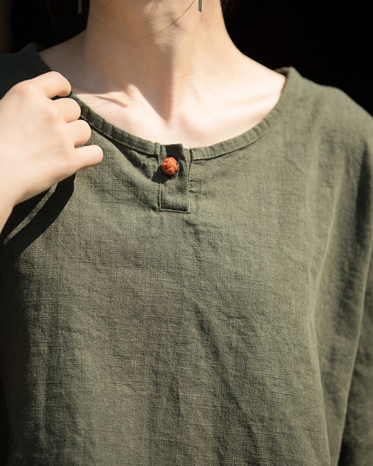 Summer Cotton Chinese t-shirt,Ramie Sand Washed Plate Button Women's Short Sleeve T-Shirt 20240714