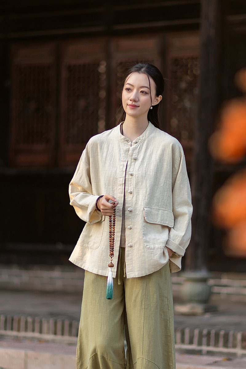 2026 Spring New Arrival: Boho-Retro Stand-Collar Distressed Double-Breasted Button-Down Cotton-Linen Blouse for Women