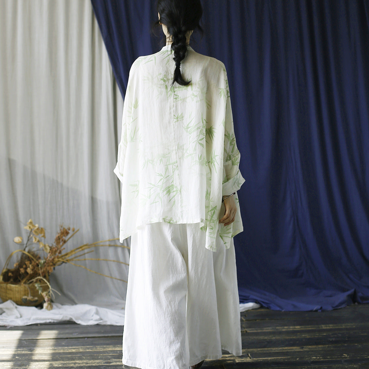 Loose Summer Printed Ramie Shirt, Standing Collar Frog Button Chinese Casual Shirt 20240803