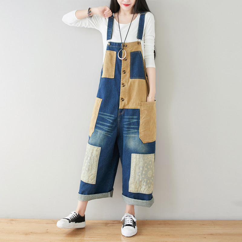 Patchwork cotton overalls, women's printed denim overalls, stonewashed loose overalls