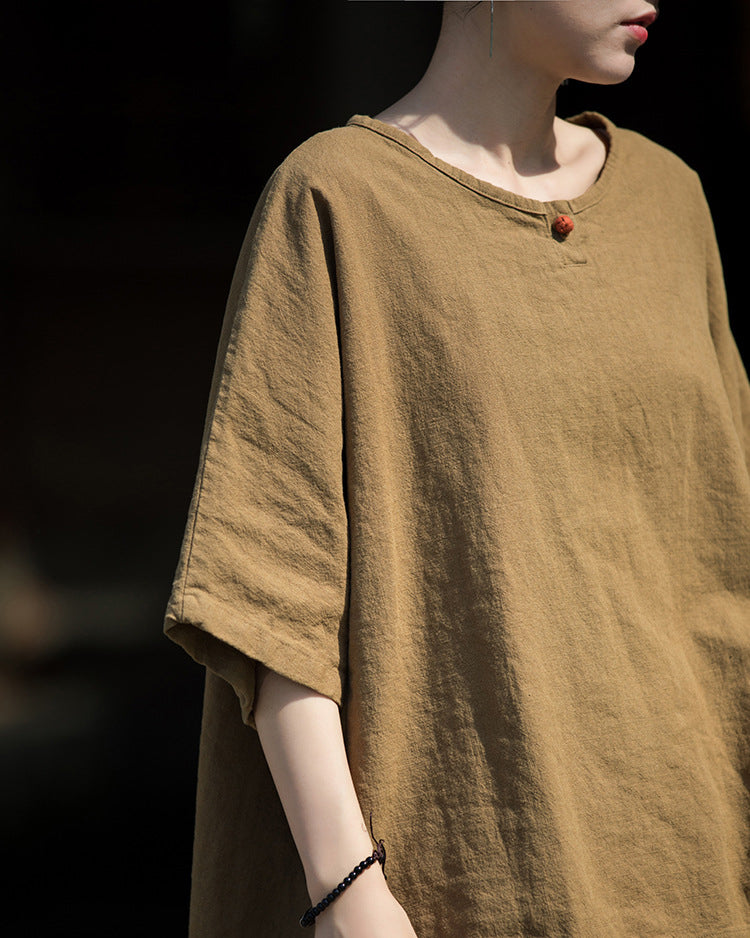 Summer Cotton Chinese t-shirt,Ramie Sand Washed Plate Button Women's Short Sleeve T-Shirt 20240714