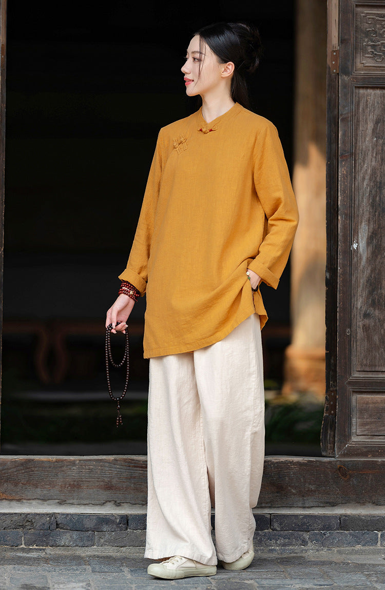 2026 Spring New Arrival: Retro Cotton-Linen Chinese-Style Stand-Collar, Color-Blocked, Button-Fastened, Wrap-Front Blouse for Women – Zen Tea Attire