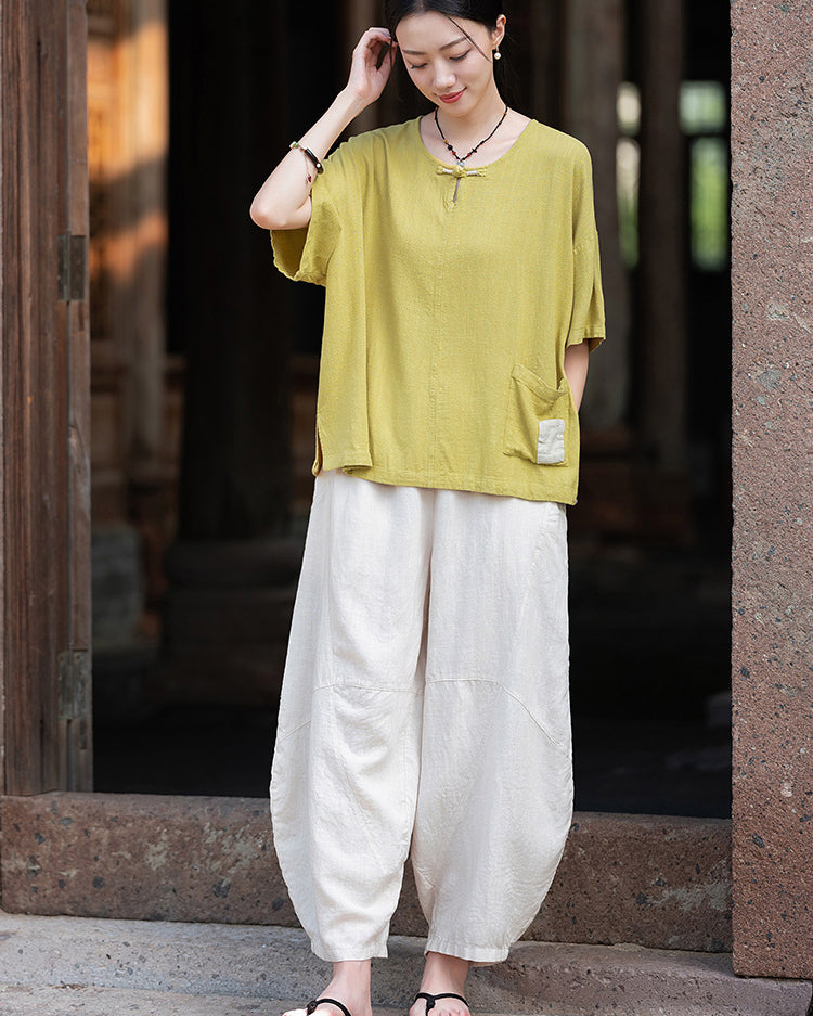 Frog button V-neck patchwork cotton  linen T-shirt, summer Chinese retro women sandwashed loose cotton  linen T-shirt 20240728