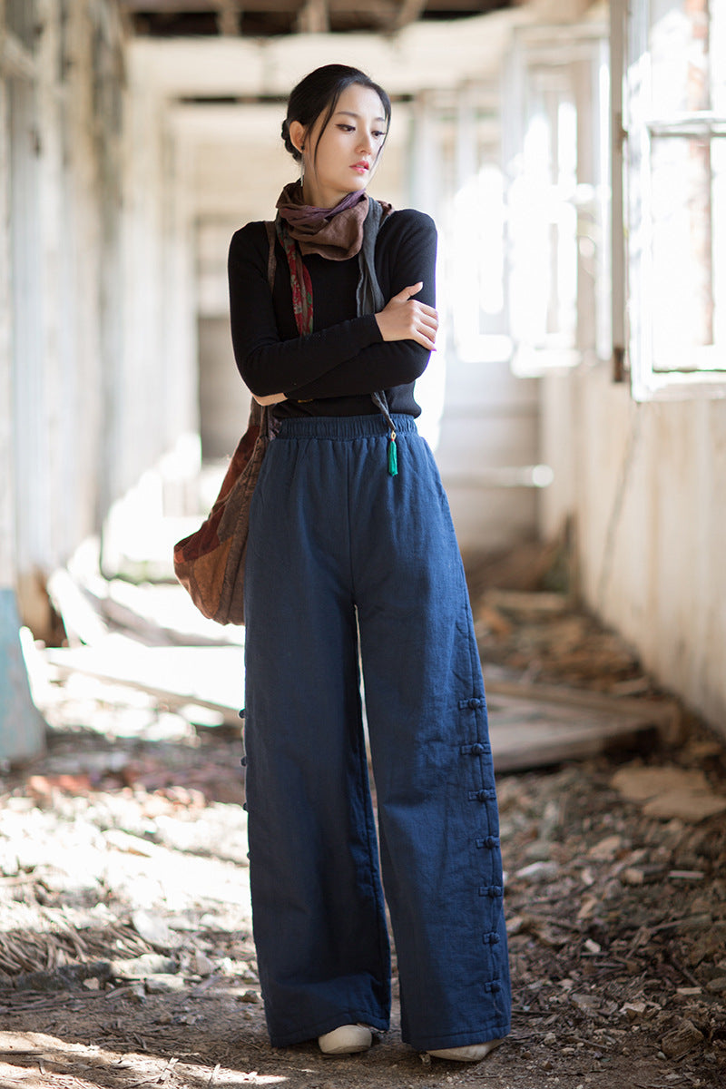 2026 Winter Cotton-Linen Women's Fashion: New Arrival—Original, Unique, Versatile, and Warm Women's Straight-Leg Quilted Trousers with Ramie and Cotton Padding