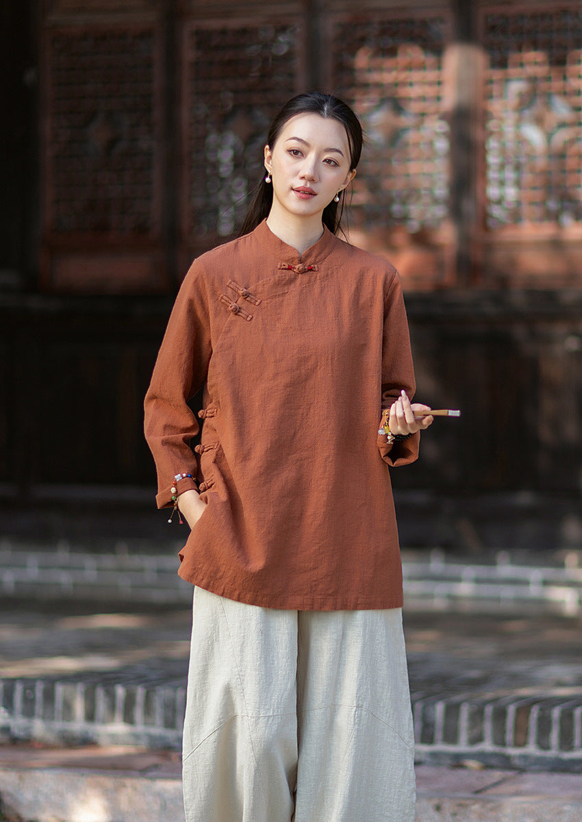 2026 Spring New Arrival: Retro Cotton-Linen Chinese-Style Stand-Collar, Color-Blocked, Button-Fastened, Wrap-Front Blouse for Women – Zen Tea Attire