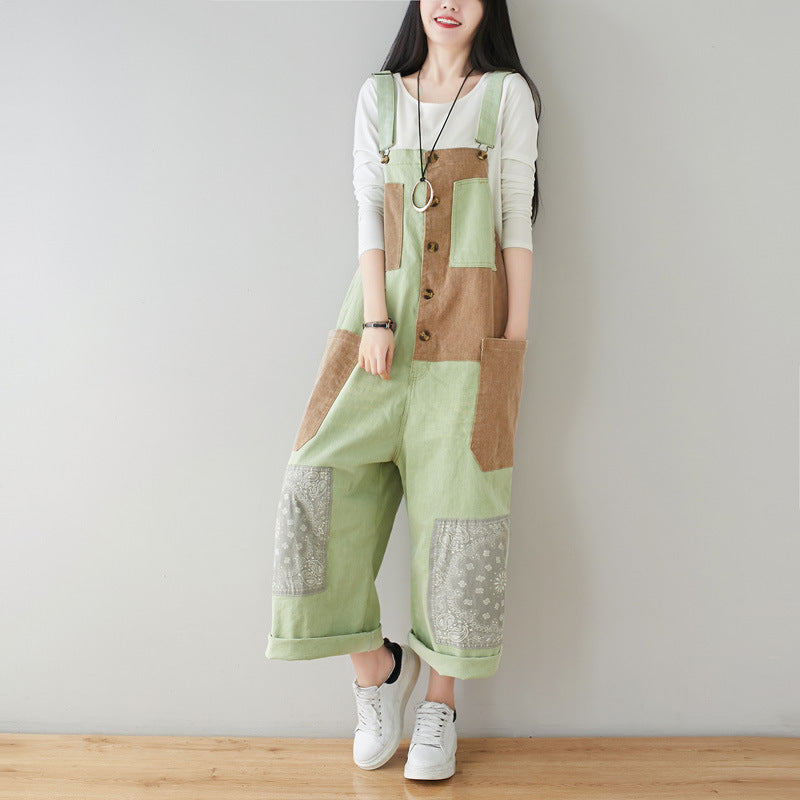 Patchwork cotton overalls, women's printed denim overalls, stonewashed loose overalls