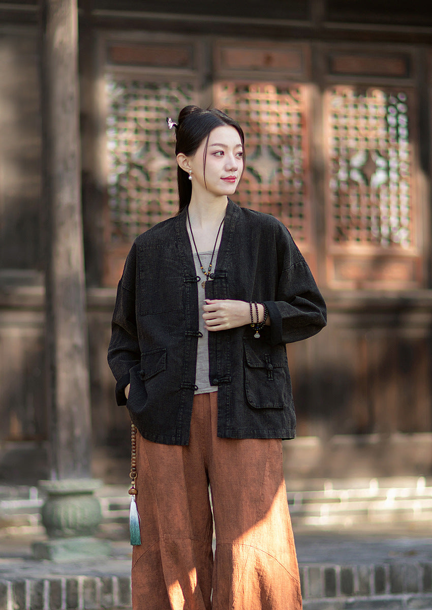 2026 Spring New Arrival: Vintage-inspired, distressed, sand-washed asymmetrical cardigan; niche-style patchwork V-neck cotton-linen jacket with button closures