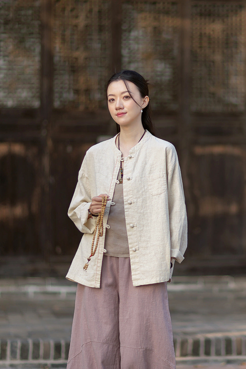 2026 Spring Cotton-Linen Women's New Chinese-Style Ramie Blouse, Loose-Fitting Cotton-Linen Button-Down Shirt with Chinese-Style Buttons, Modernized Tang-Style Jacket