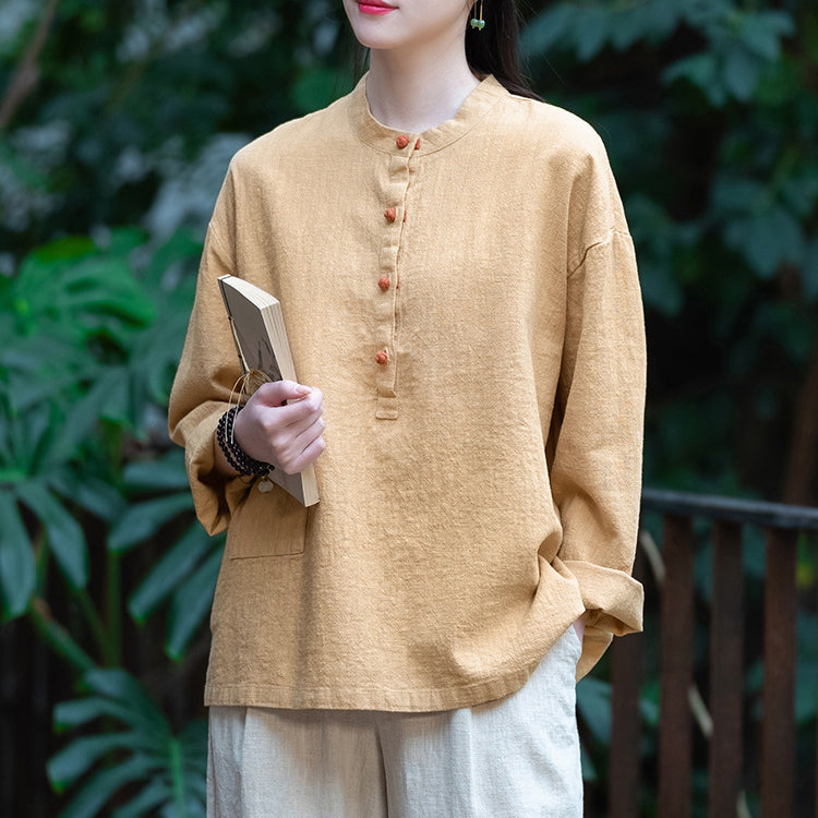 Standing collar linen shirt, vintage Chinese linen shirt