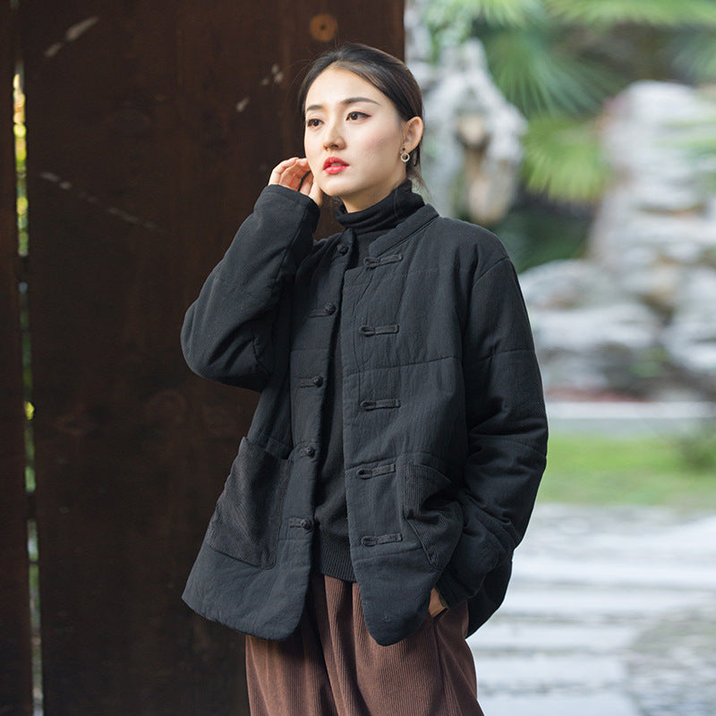 Patchwork Linen Winter Jacket, Chinese Vintage Frog Button Cotton Jacket