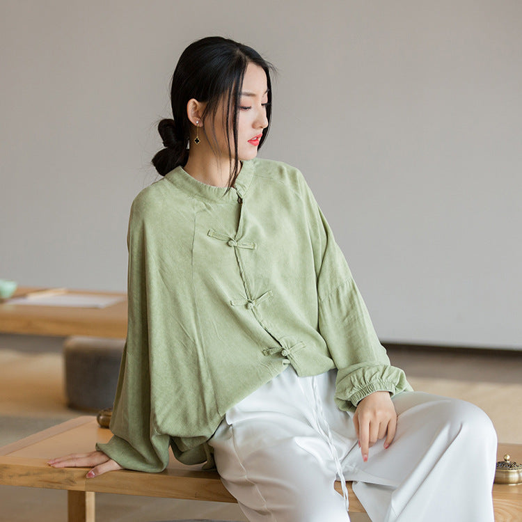 Vintage Frog Button Cotton Washed Shirt, Chinese Casual Loose Shirt