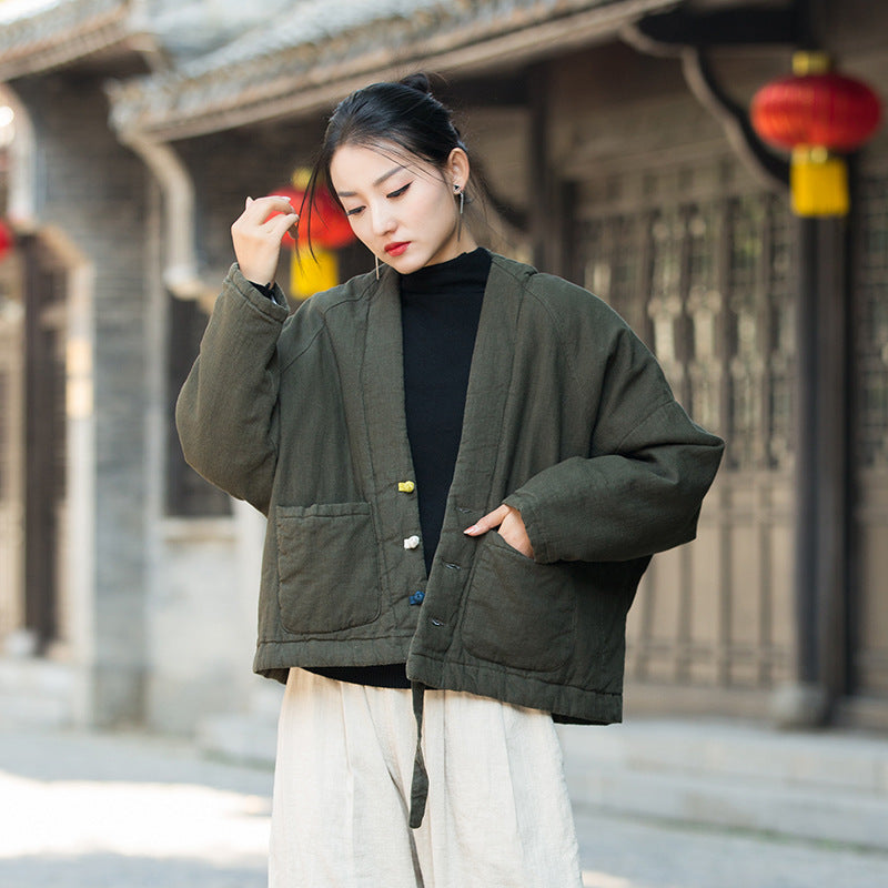 Vintage frog button winter jacket,Chinese loose linen thick jacket