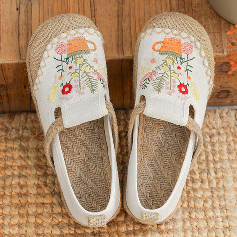 Summer Embroidery Flower Cotton Linen Shoes,Vintage Casual Shoes,Women's Handmade Loafers