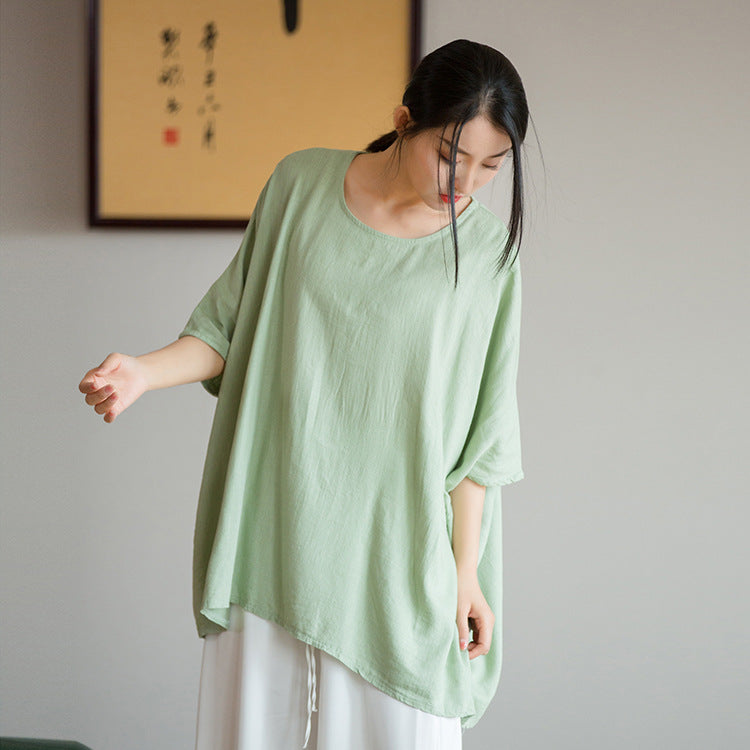 Loose Cotton Linen Boat Neck Shirt, Vintage Casual T-Shirt