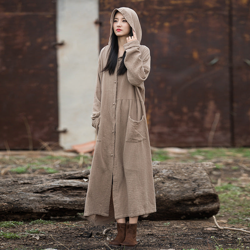 Loose Hooded Cotton Dress, Vintage Chinese Casual Hooded Long Shirt