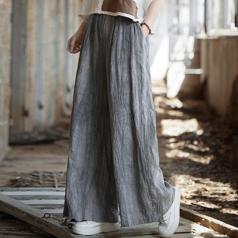 Vintage Cotton Linen Wide Leg Pants, Casual Elastic Waist Pants