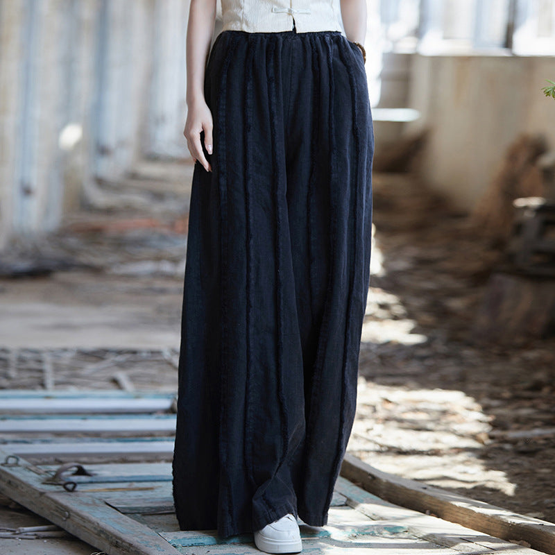 Linen wide leg pants, stone washed vintage  cotton linen pants, elastic waist loose pants