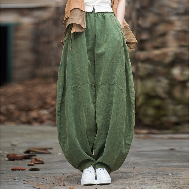 Women loose stone washed linen harem pants, summer cotton linen tapered pants, vintage elastic waist cotton linen wide leg pants