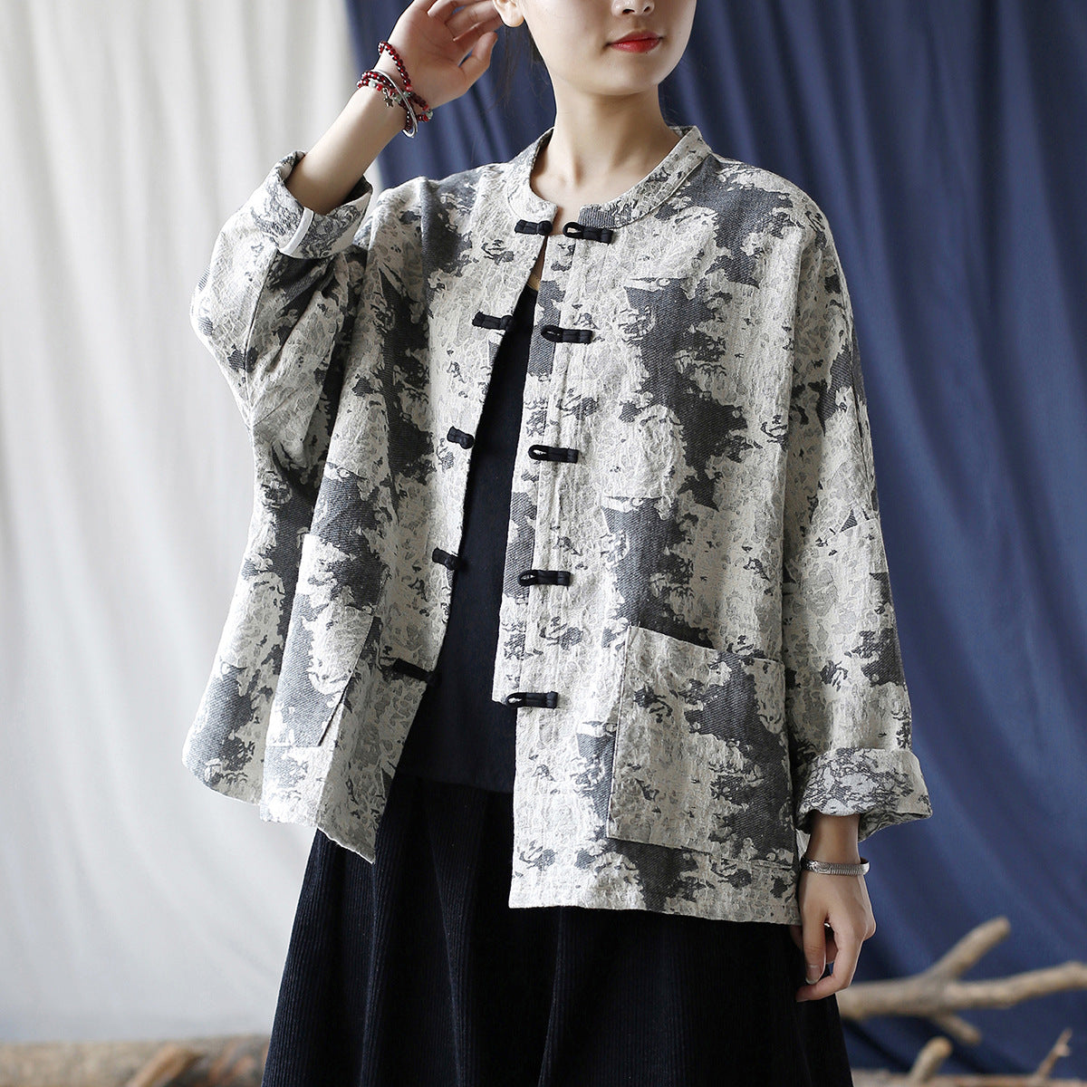 Chinese Vintage Standing Collar Printed Cotton Jacket,Loose Casual Jacket