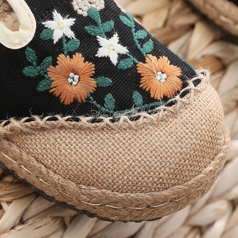 Summer Flower Embroidery Slippers,Vintage Handmade Cotton Linen Shoes,Bohemian Slippers