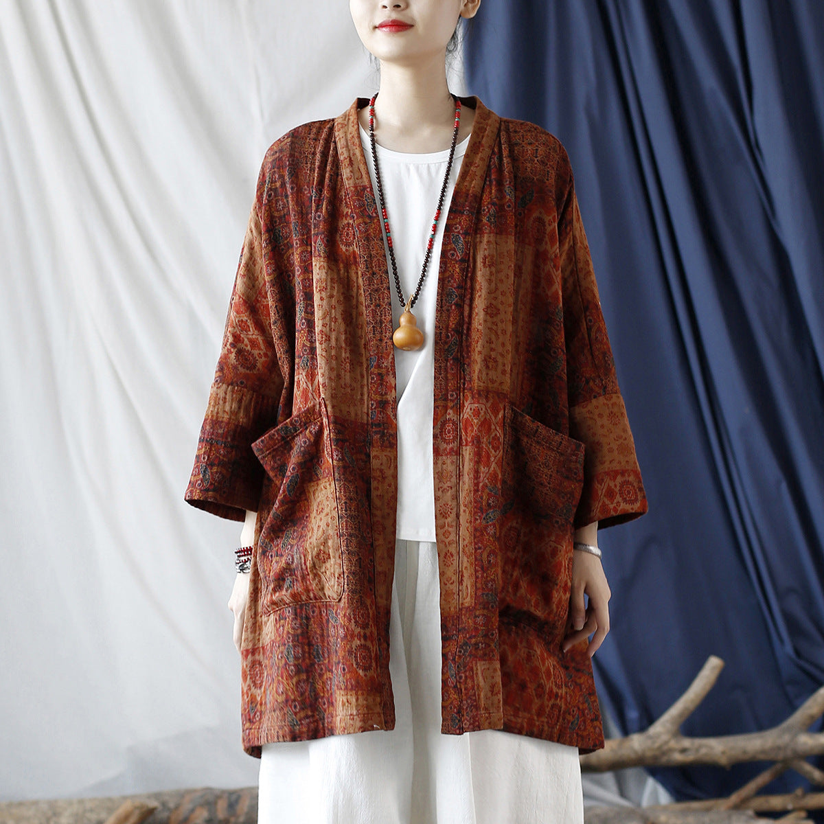 Loose printed cotton kimono, vintage cotton linen jacket