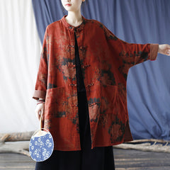 Red Loose Printed Jacket Plus size,Casual Cotton Shirt