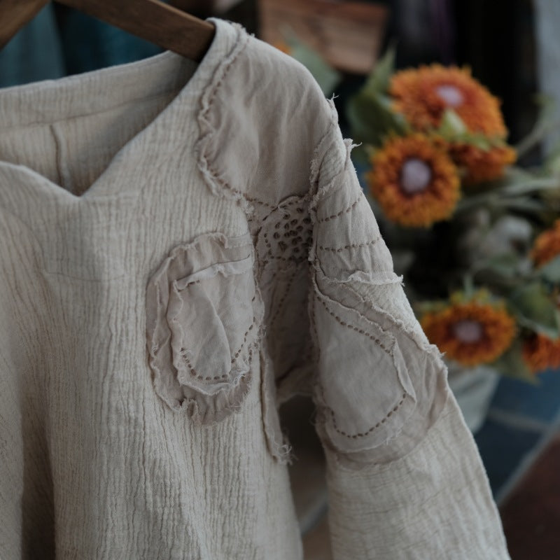 Vintage Patchwork Cotton Linen Shirt, Loose V-Neck Linen Top
