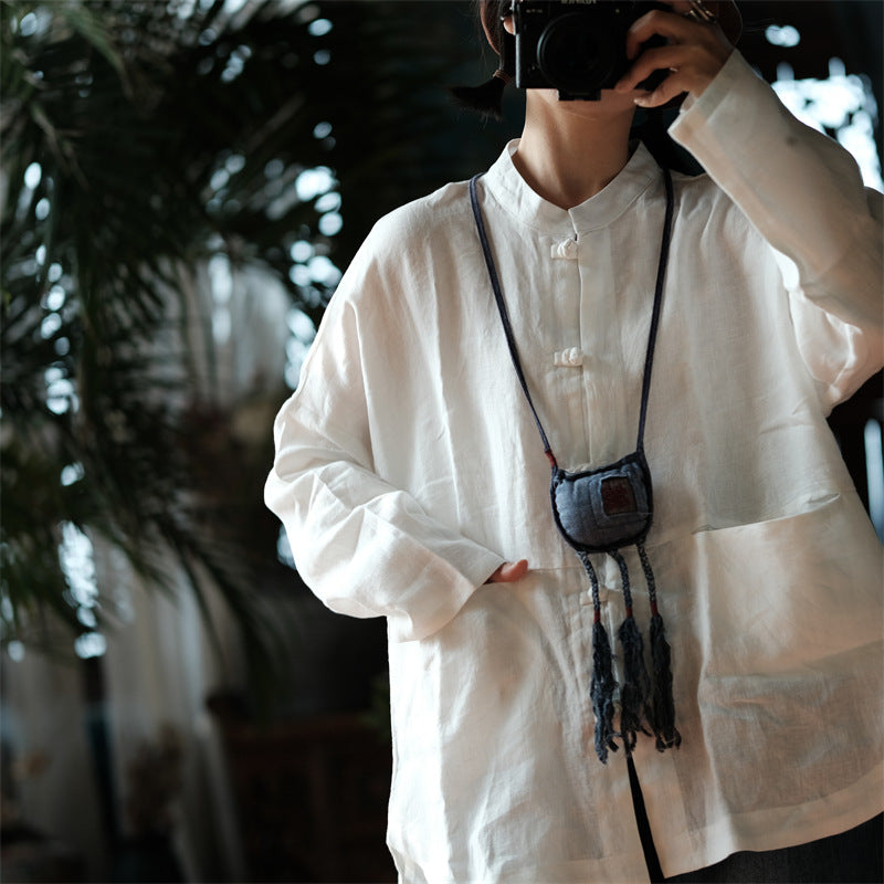 Vintage Chinese white linen shirt, linen frog button shirt