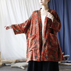 Red Loose Printed Cotton Kimono, Vintage Cotton Jacket
