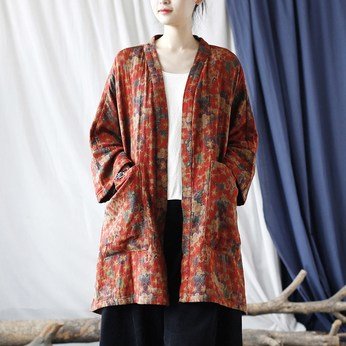Red Loose Printed Cotton Kimono, Vintage Cotton Jacket