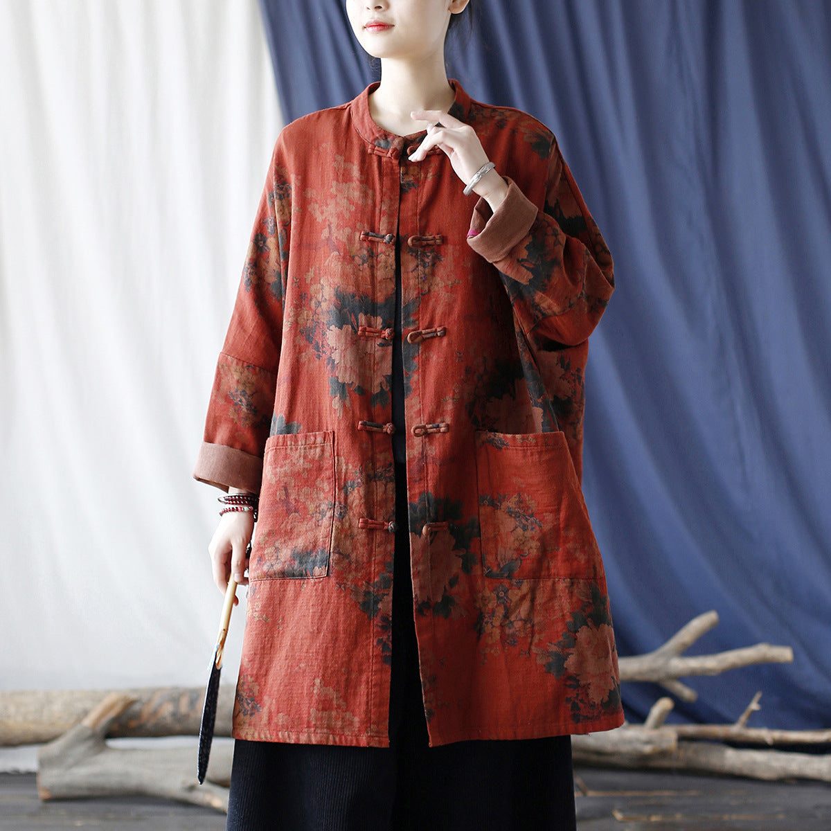 Red Loose Printed Jacket Plus size,Casual Cotton Shirt