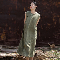 Chinese retro stone washed cotton linen pleated cheongsam QiPao, summer tie-dye sleeveless dress.