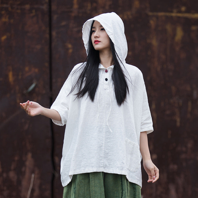 Casual cotton linen hooded shirt, cotton linen loose casual shirtplus size