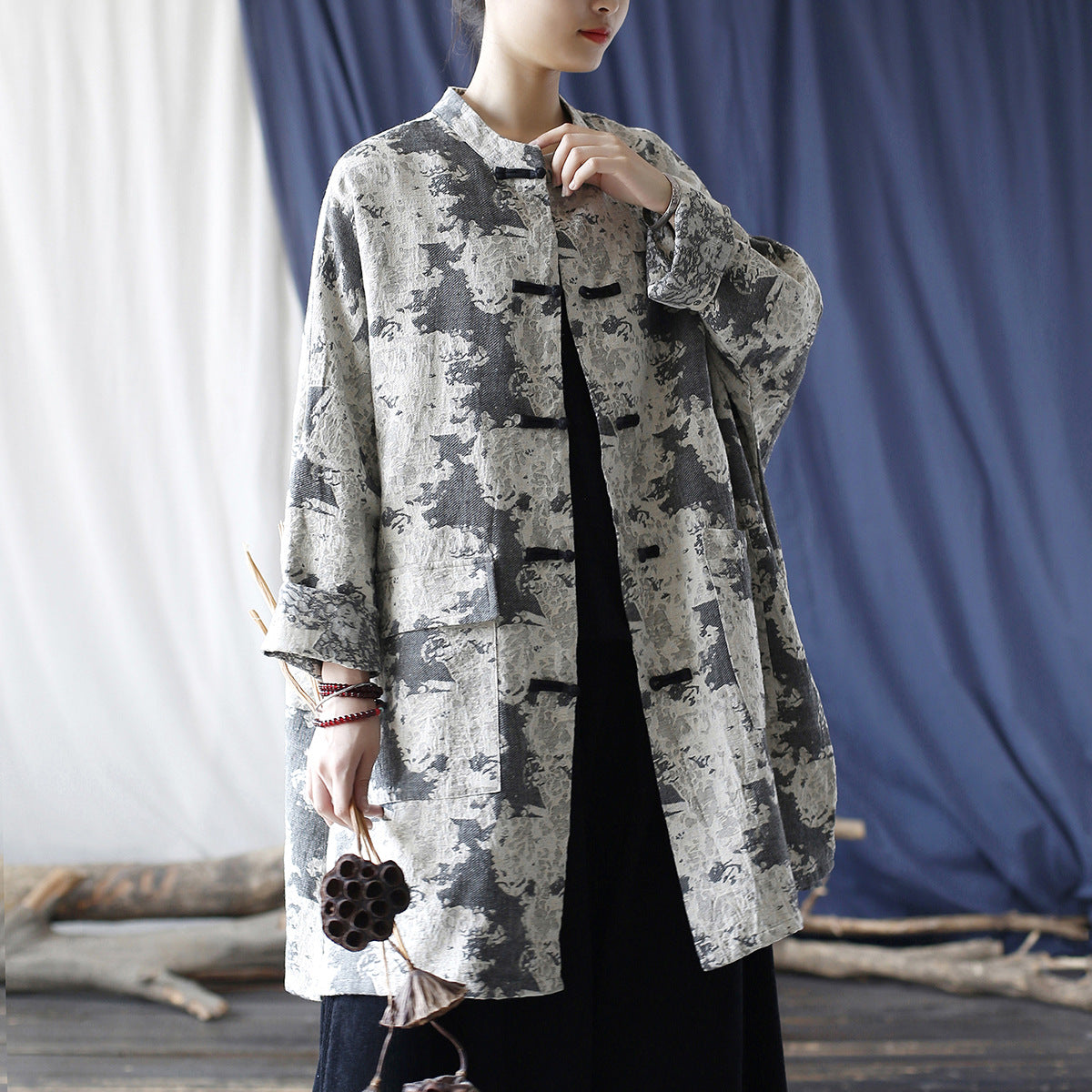 Vintage Chinese Printed Shirt, Loose Casual Linen Long Shirt Plus