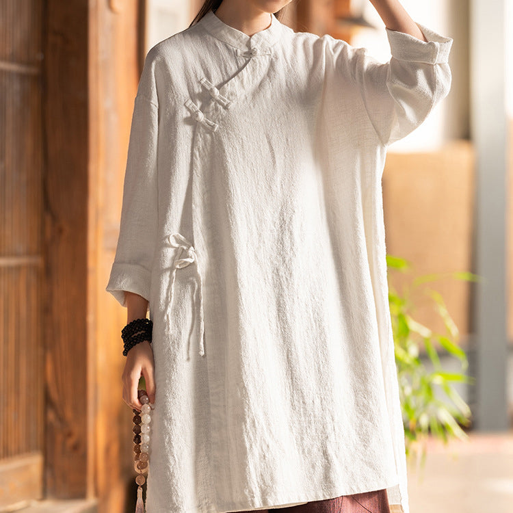 Chinese Frog Button Long Shirt, Vintage Cotton and Linen Top